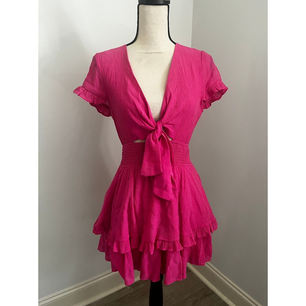 Hello Molly Pink Tiered Ruffle Mini Dress Small Tie Front Smocked Boho Romantic